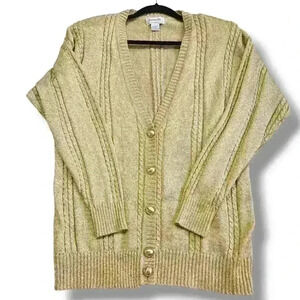 Vintage Pointelle Gold Cardigan Sweater Glitter Sweater Women Size M